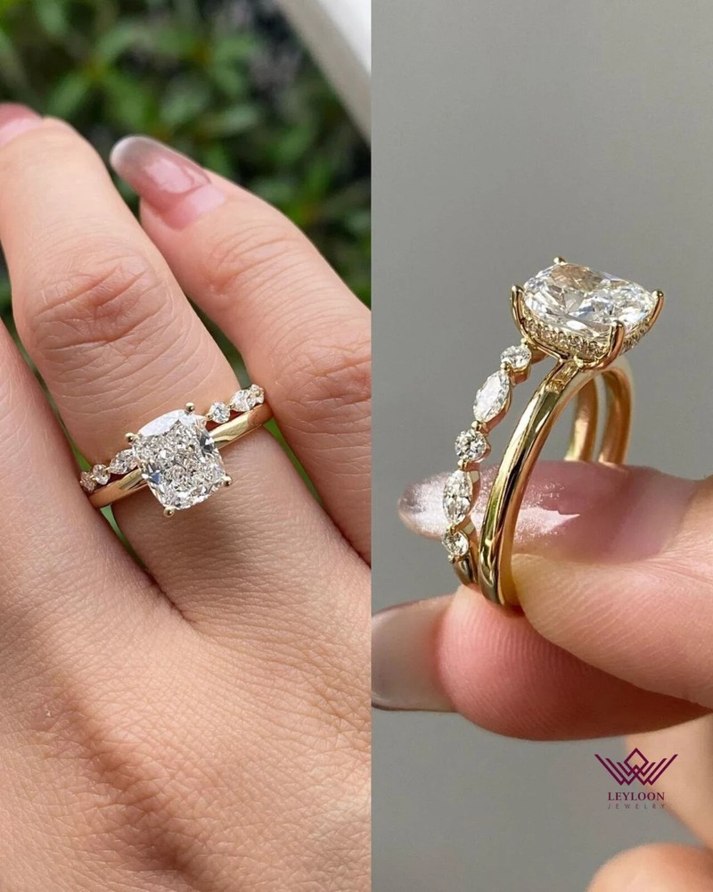 Cushion Cut Hidden Halo D Color 10K Gold Moissanite Bridal Set