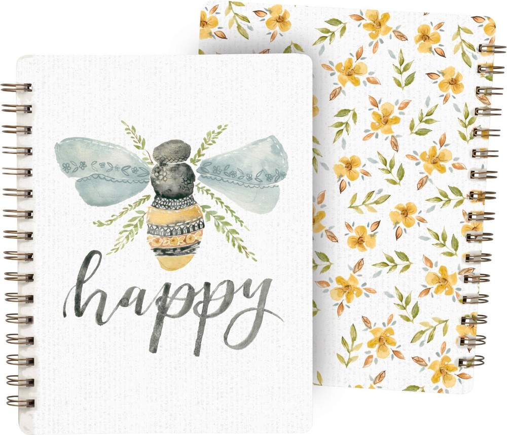 Floral Bumblebee Double Sided Spiral Notebook 120 Lined Pages Be Happy Design-image