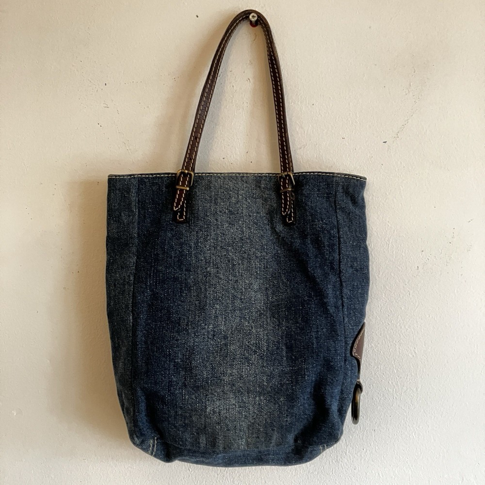 Fendi Blue Denim Jeans Brown Leather Shoulder Bag Boho 00s