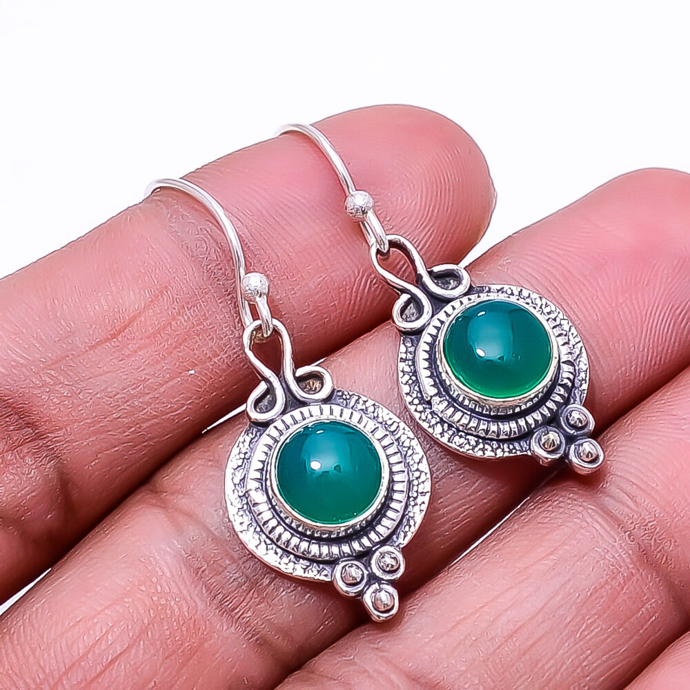 Green Onyx Sterling Silver Earrings 1.40 Inch Valentine Gift E9341