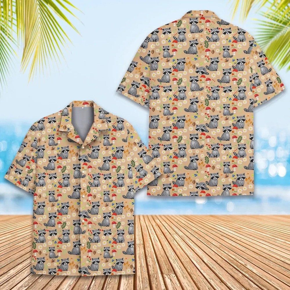 Raccoon And Mushroom Hawaiian Shirt , Button Down Full Size S-5XL