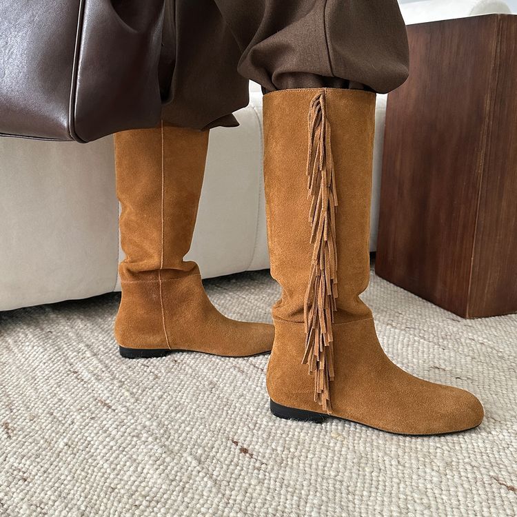 Womens Casual Low Heels Winter Suede Shoes Tassels Knee High Riding Boots Retro