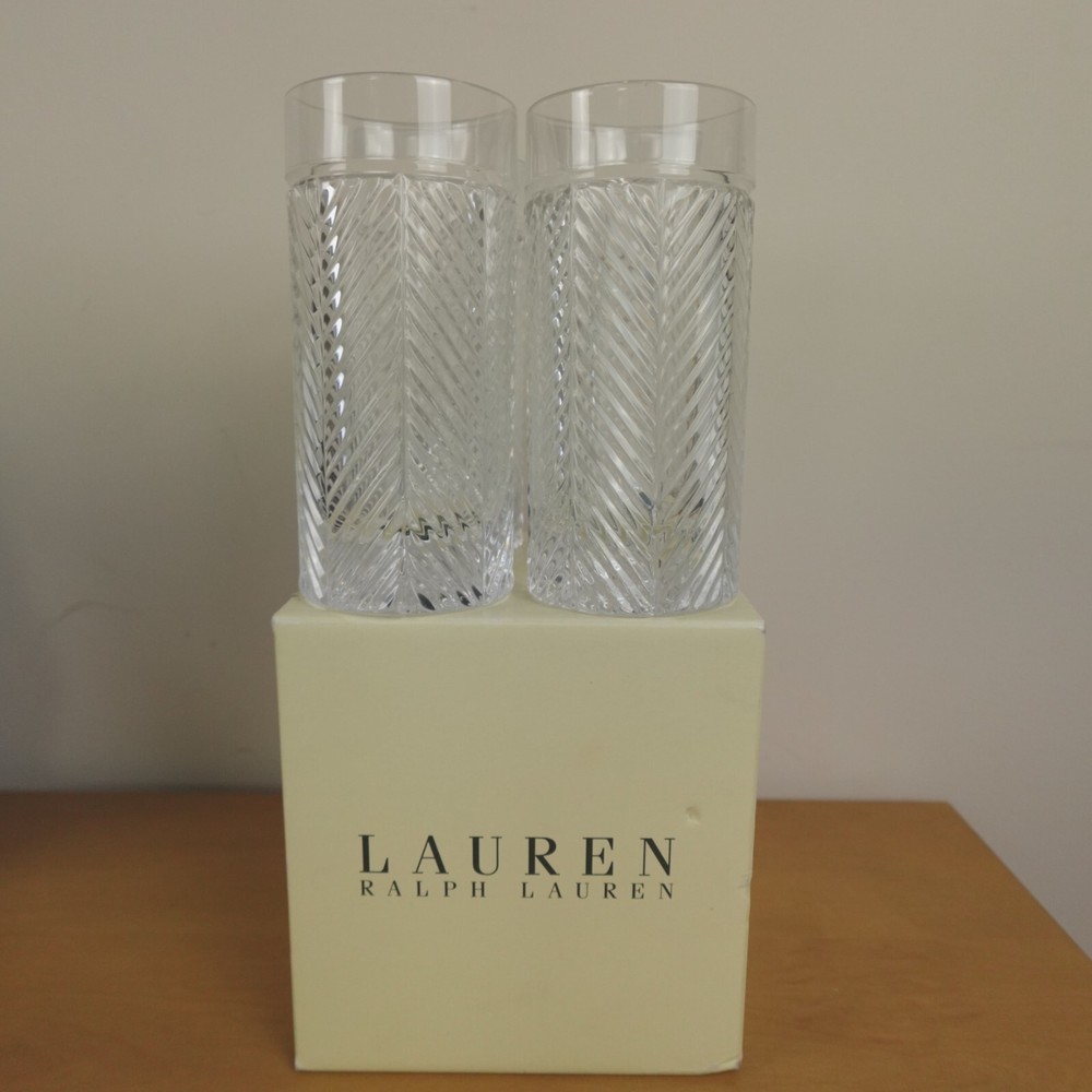 Ralph Lauren Herringbone Glasses Highball Lead Crystal Set of 4 New Signed