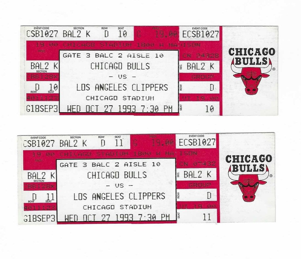 Chicago Bulls vs Los Angeles Clippers Unused Basketball Tickets from 10/27/1993
