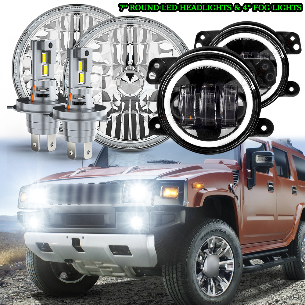 4* For Hummer H2 2003-2009 Pair 7 inch Round LED Headlights+ 4inch fog lights