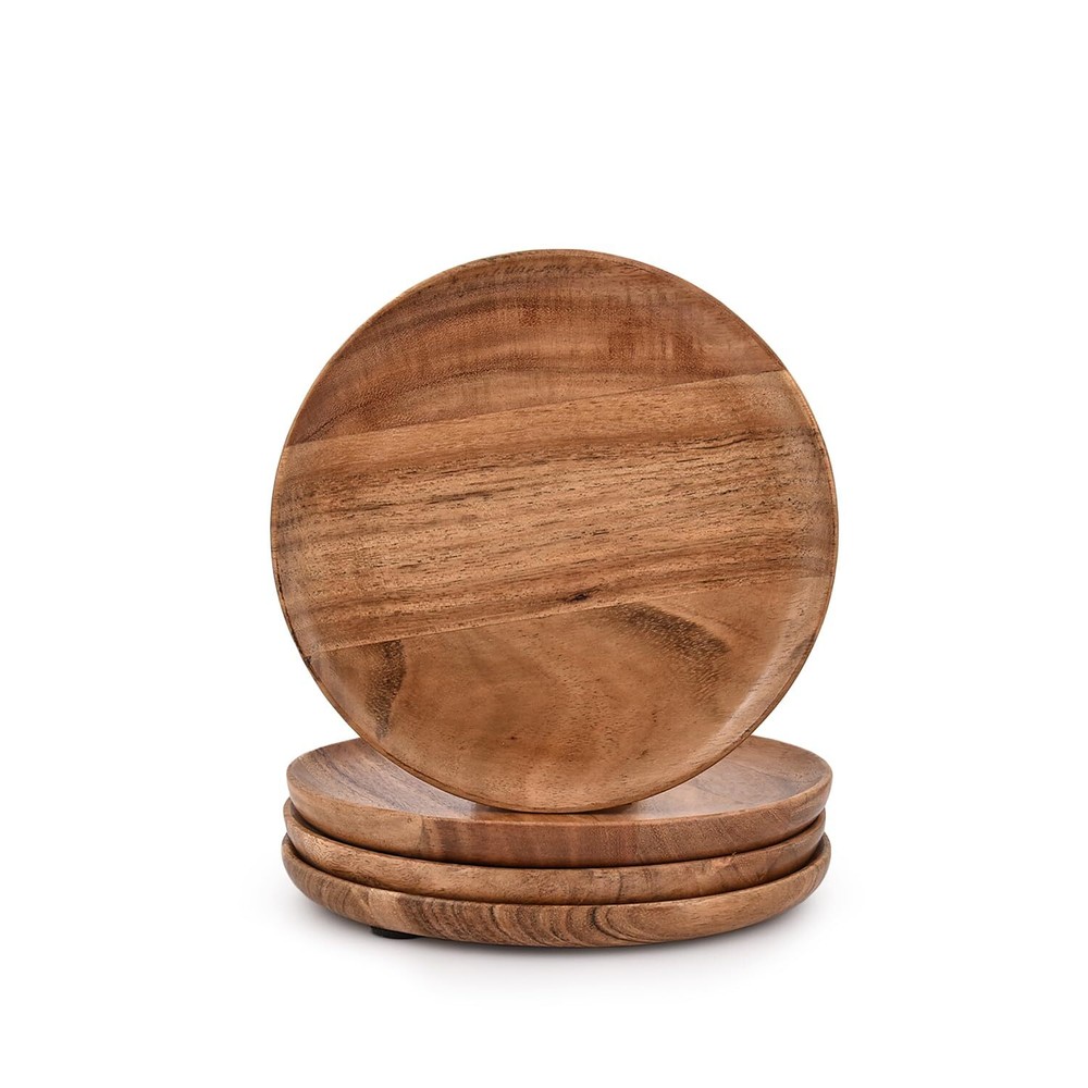 Acacia Wood Round Wood Plates Set of 4, Easy Cleaning & Lightweight for Dishe...