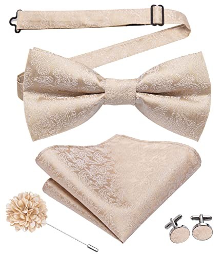 Bow Ties for Men Pre-Tied Pocket Square Lapel Pin Cufflinks Mens Champagne