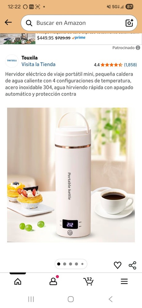Touxila Portable Electric Travel Kettle White Stainless Steel Temp Settings