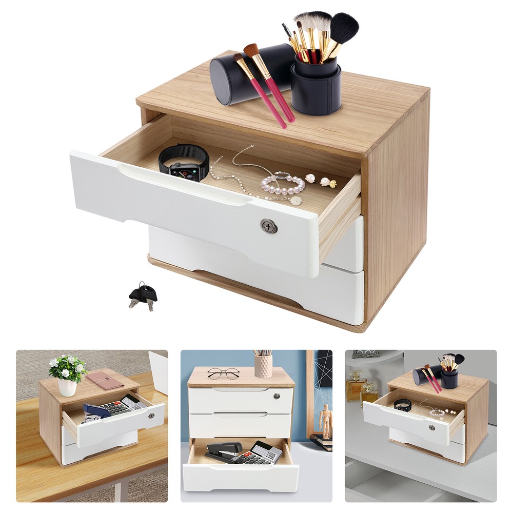Wooden Desktop Storage Box, Desk Organizer, Desktop Box with Lockable Drawers