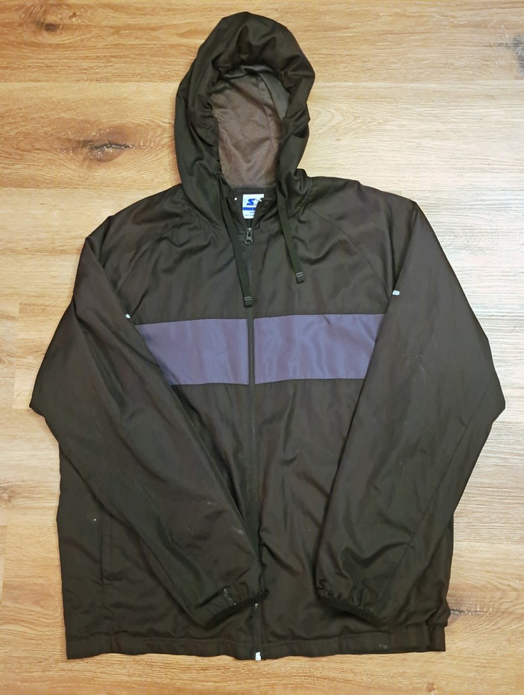 Vintage 90s Starter Windbreaker Jacket Black/Grey Men's Hooded Full Zip size L