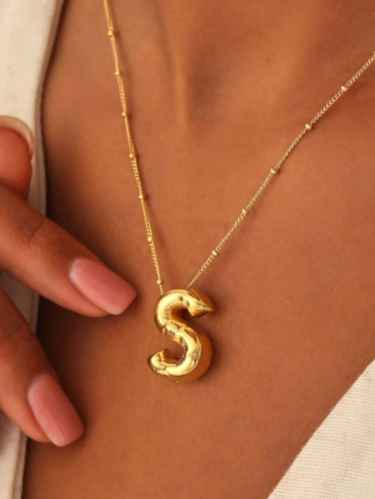 Letter Necklace Gold Balloon Bubble Initial Alphabet Pendant Stainless Steel