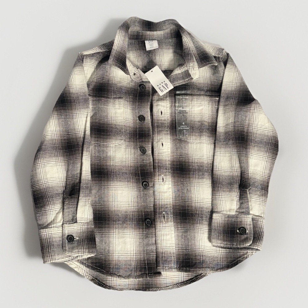 Gap Plaid Flannel Button-Up Shirt Black White 4 Years Baby Toddler Long Sleeve