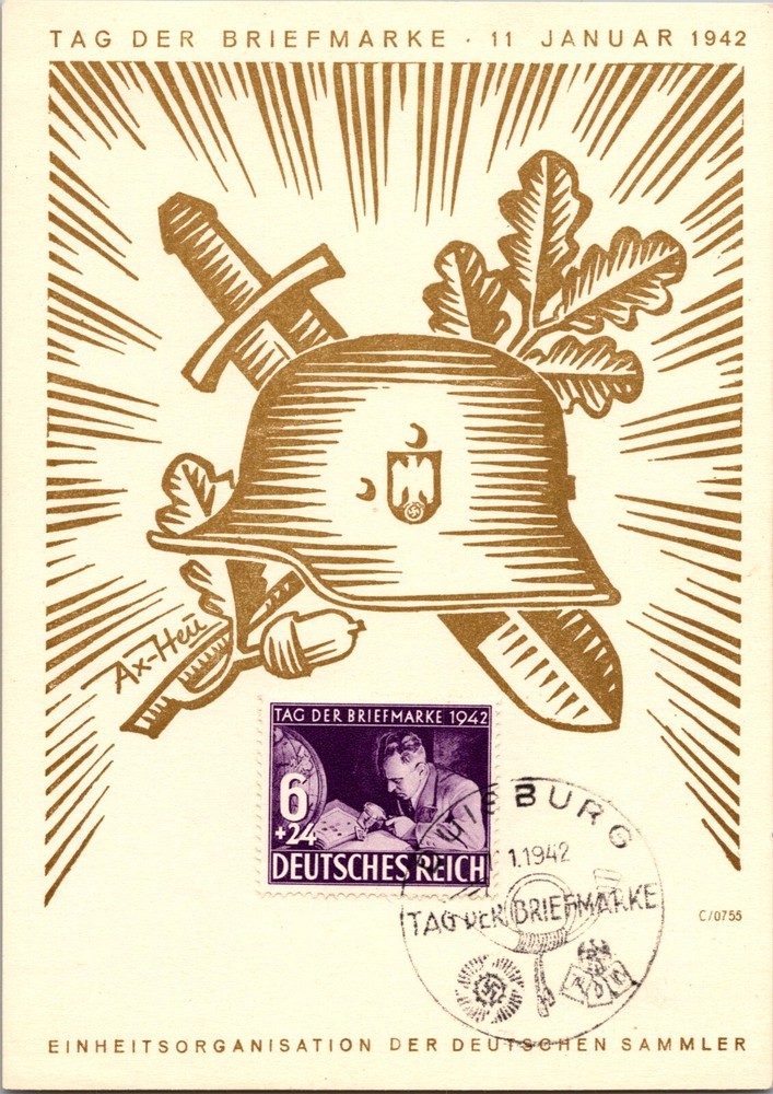 1942 Duisburg Germany Postcard Stamp day Illustration Helmet Cover World War II