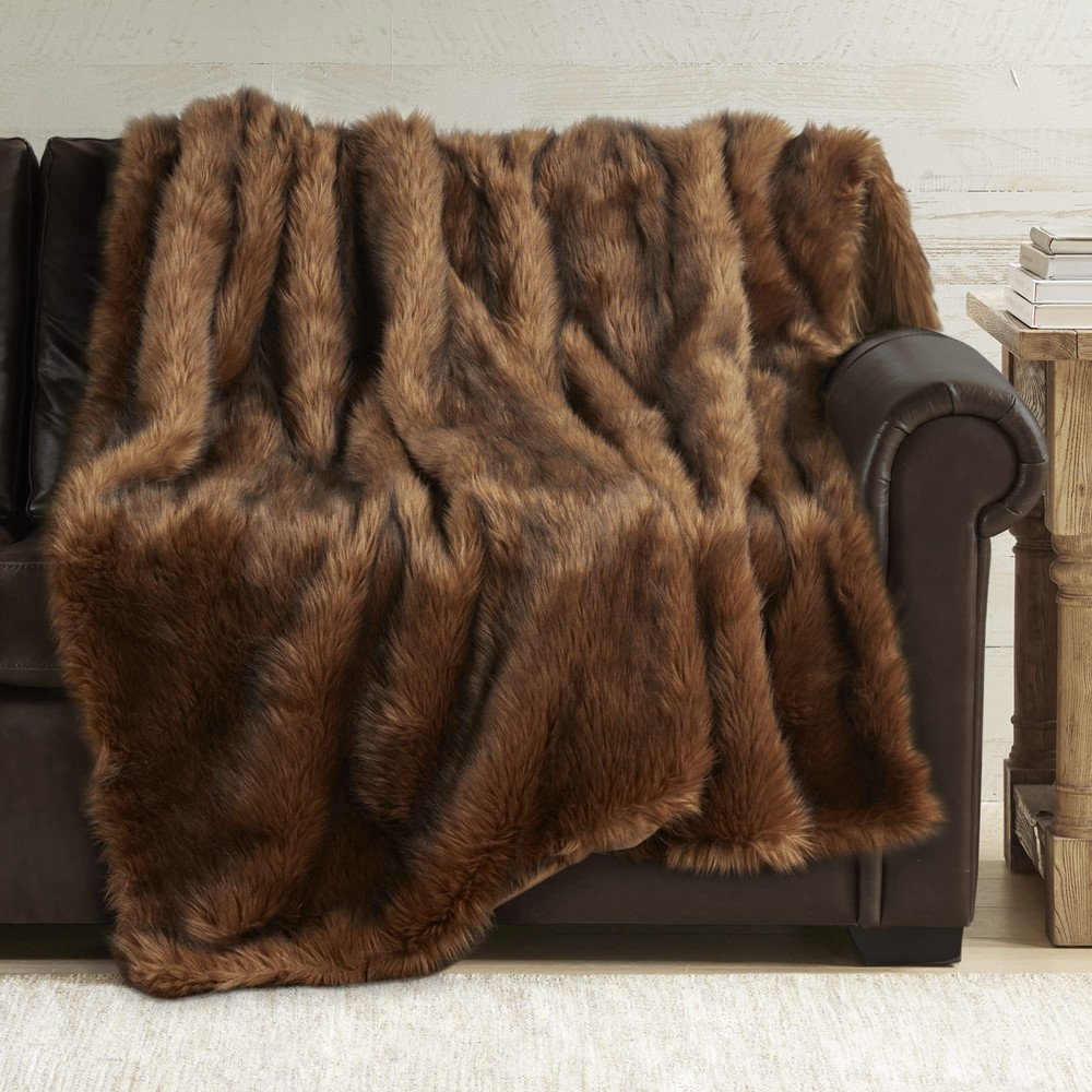 Faux Fur Throw Blanket - Ultra Long Pile, Luxury Fluffy Bear Brown with Black...