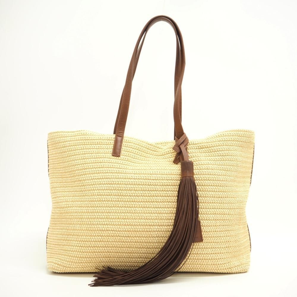 YSL Raffia Fringe Tote Bag in Brown Beige with Dust Bag from Japan
