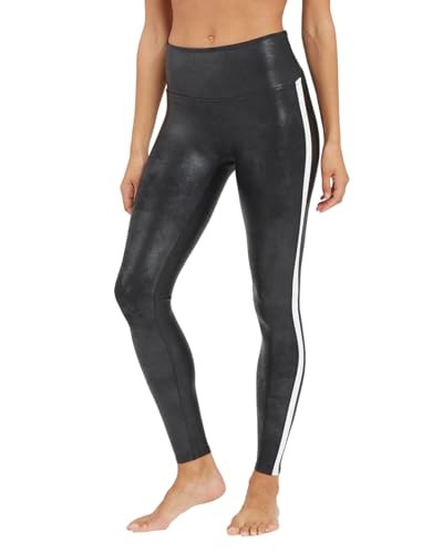 SPANX Womens Faux Leather Leggings with Side Stripe in Black