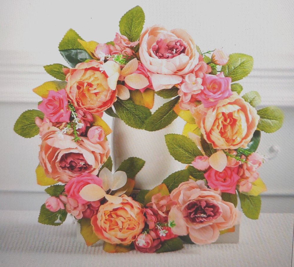 Artificial Seasonal Wreath for Front Door or Porch, Pink Flower