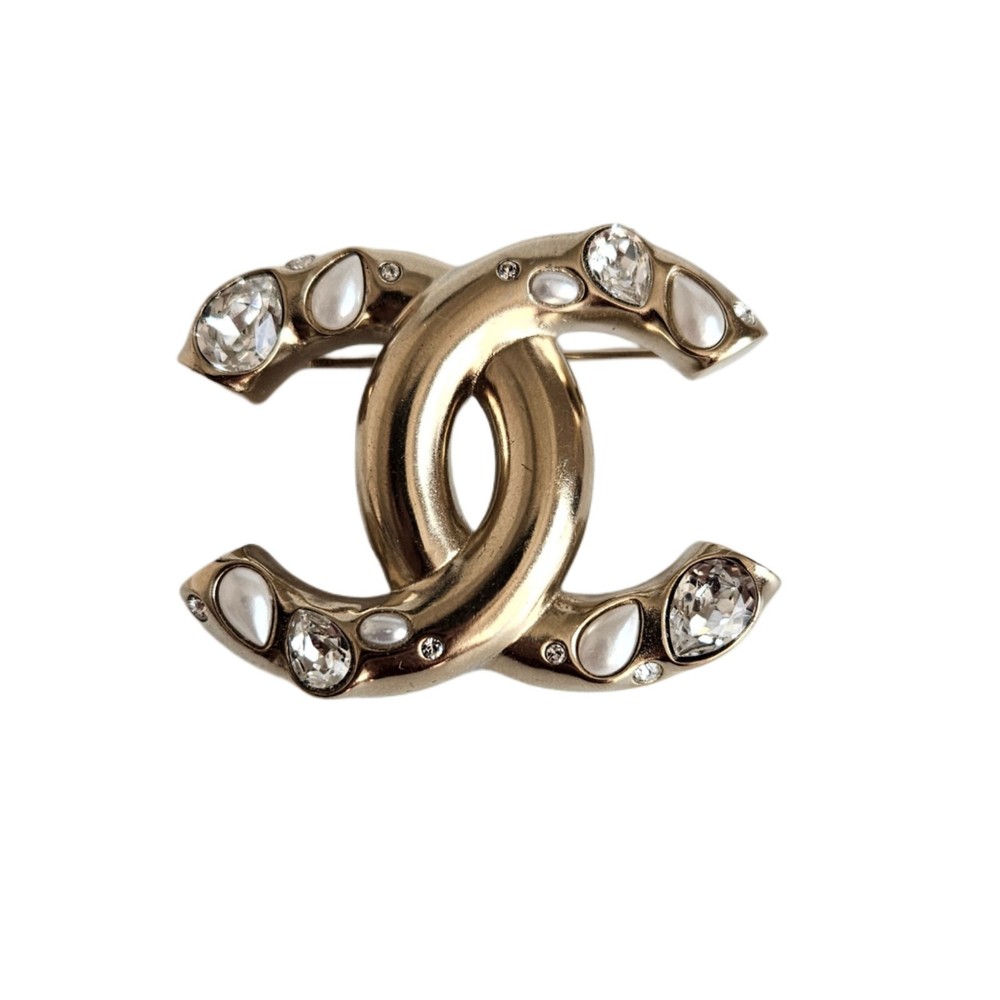 Chanel 2021 Gold Tone CC Logo Strass Rhinestone Brooch