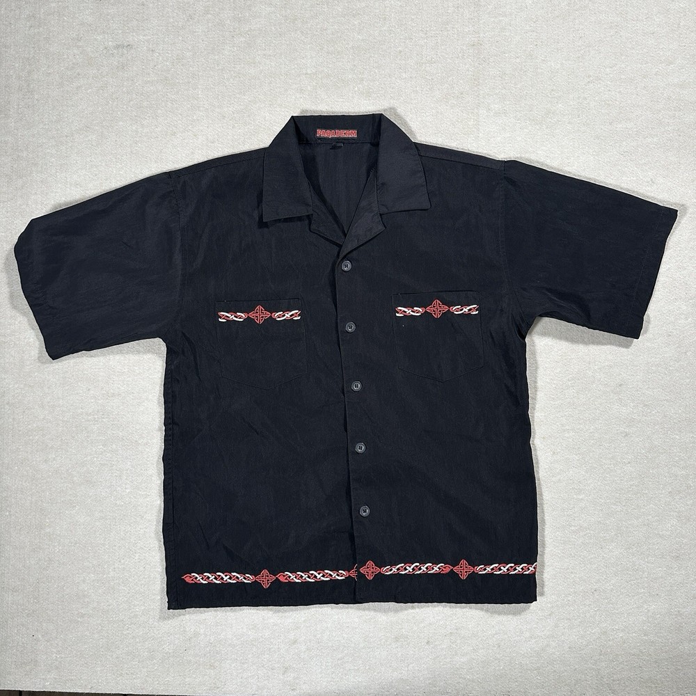 Paqaderm Black Short Sleeve Button Up Red Tribal Satin Shirt Size Large Men's