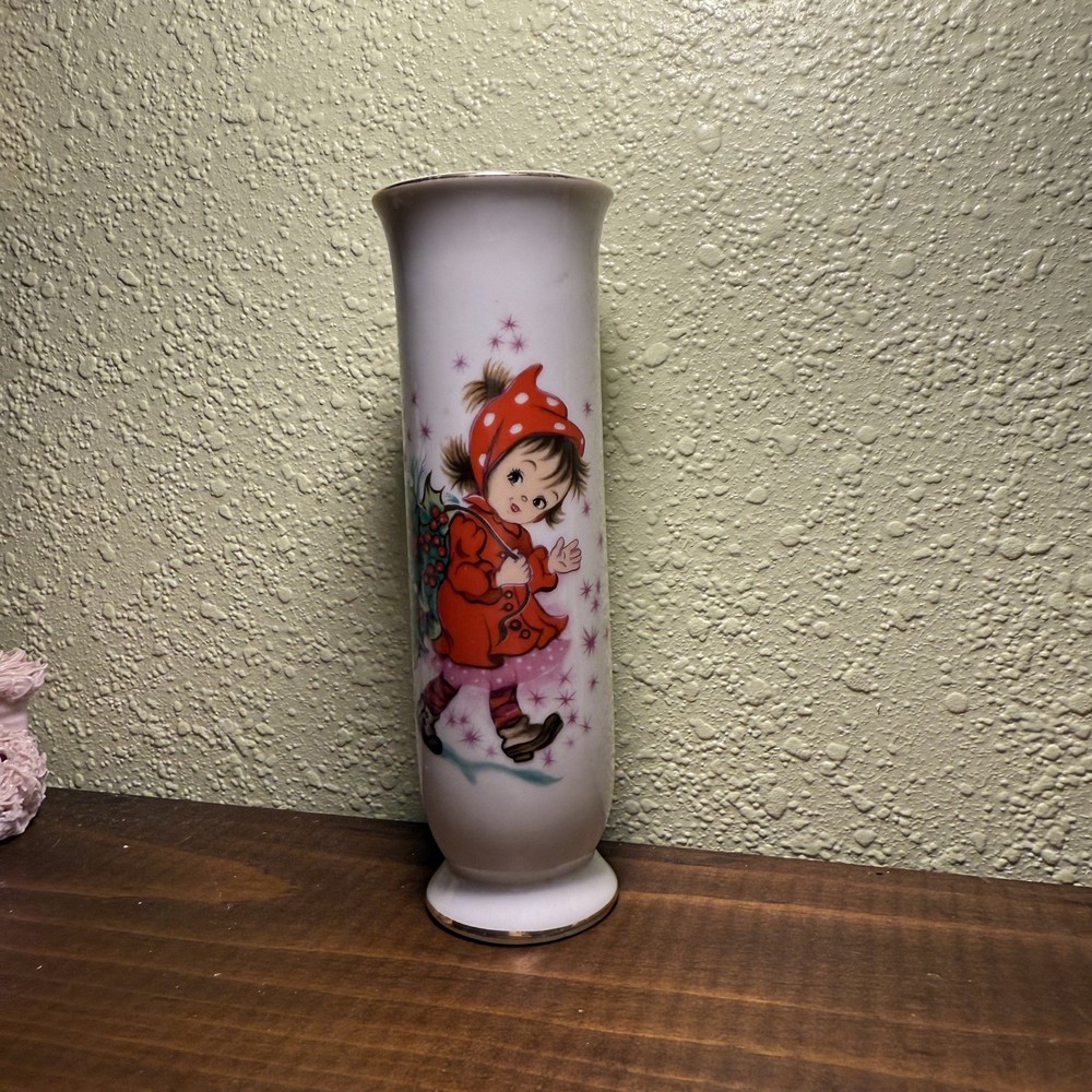 Vintage Lefton Girl Petite Bud Vase Red Christmas Poinsettias JAPAN Holiday