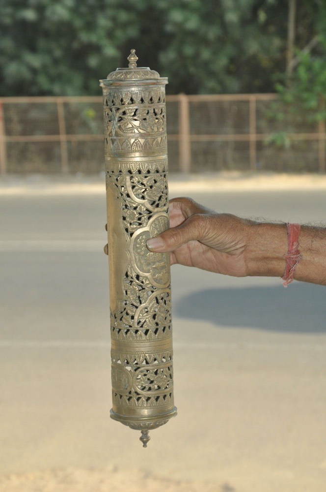 Vintage Jali Cut Cylindrical Shape Handcrafted Brass Message Scroll Holder Box