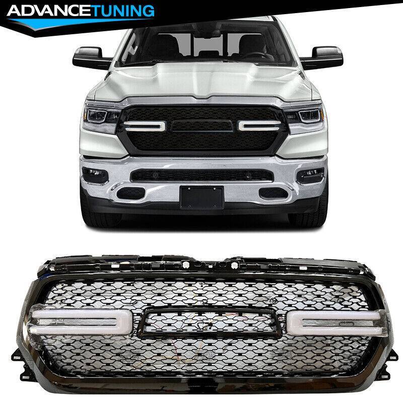 Gloss Black Front Bumper Hood Mesh Grille with White LED for 19-24 Dodge Ram 1500