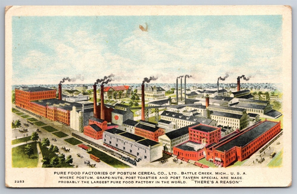 Postum Cereal Co Food Factories Post Pure Food Battle Creek MI C1930 Postcard H6