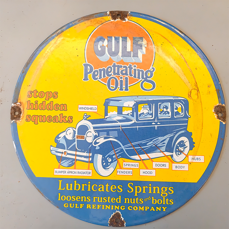 VINTAGE GULF PENETRATING OIL ROUND PORCELAIN ENAMEL AUTO AD SIGN 12inch