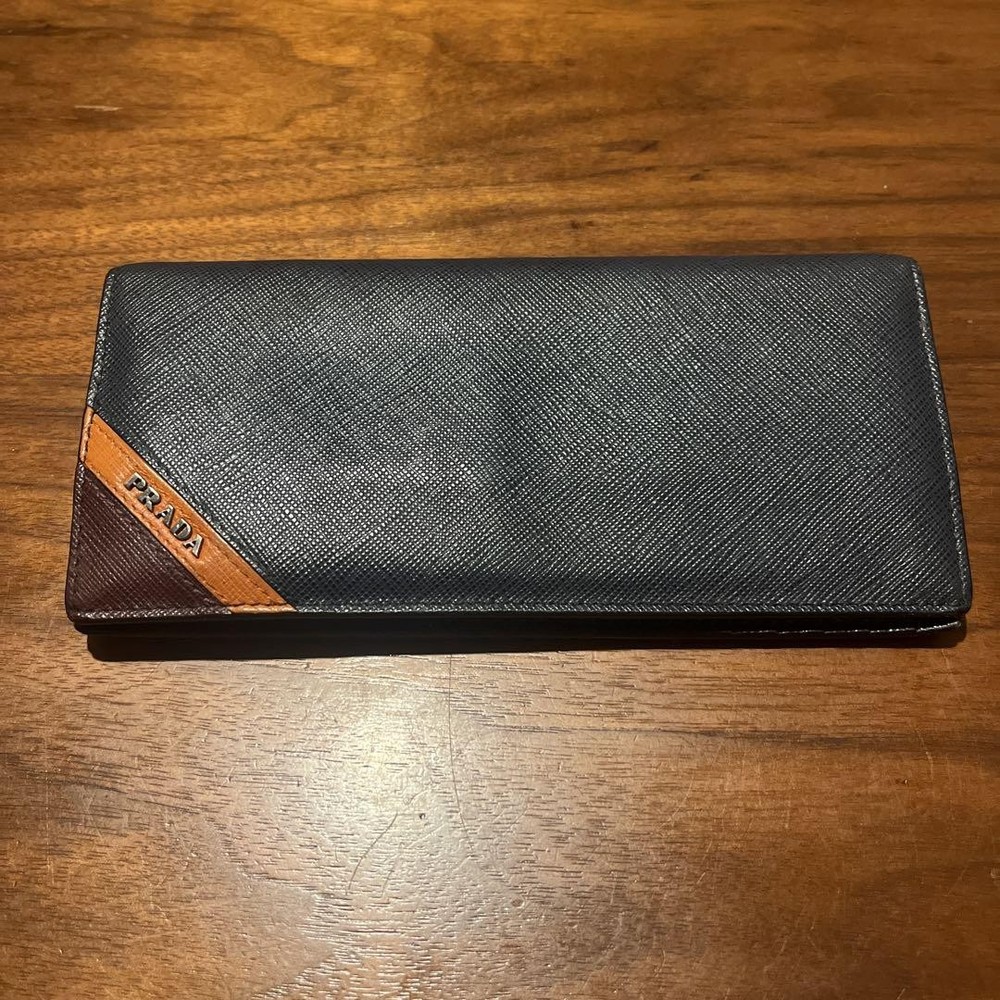 Prada Mens Long Bifold Wallet in Navy and Brown Leather