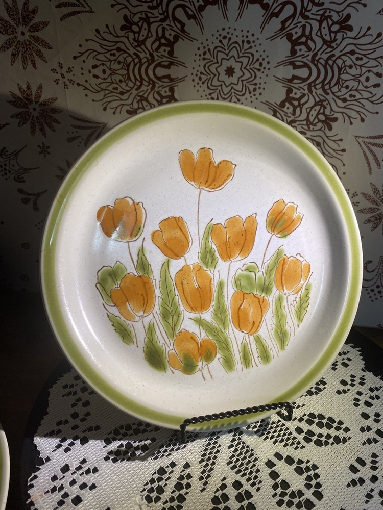 Set of 9 Meadowbrook Japan Orange Tulips 11” Stoneware   Plates Vintage Floral