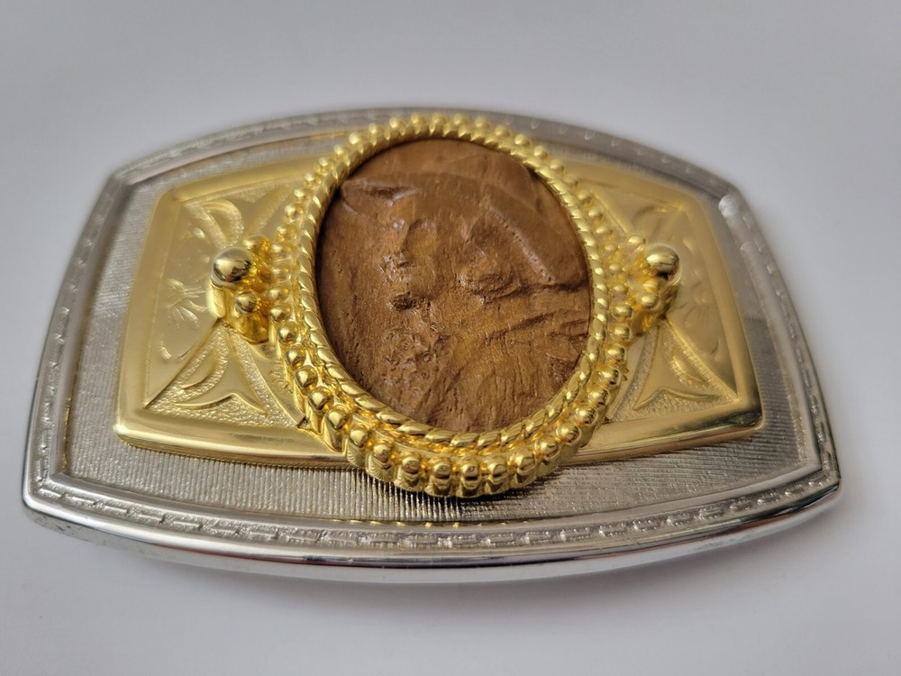 Gold and Silver Belt Buckle with Wooden Cowboy Portrait Metals Untested