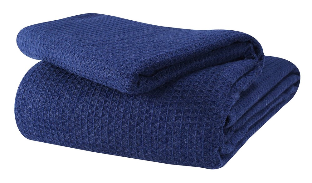 100% Cotton Waffle Thermal Blanket Queen Size All-Season Navy Blue