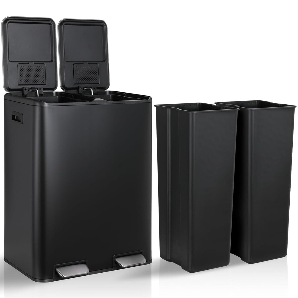 16 Gallon Stainless Steel Kitchen Trash Can Dual Compartment Garbage Can Black