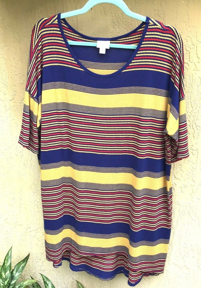 LULAROE IRMA TOP NEW LARGE Navy & Mustard Ribbed Stripe CLEARANCE SALE-image