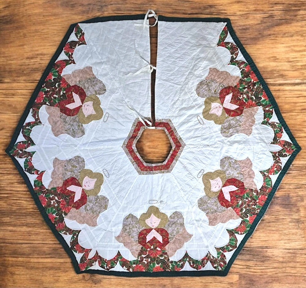 Vintage Handmade Patchwork Angel Christmas Tree Skirt MCM Retro-image
