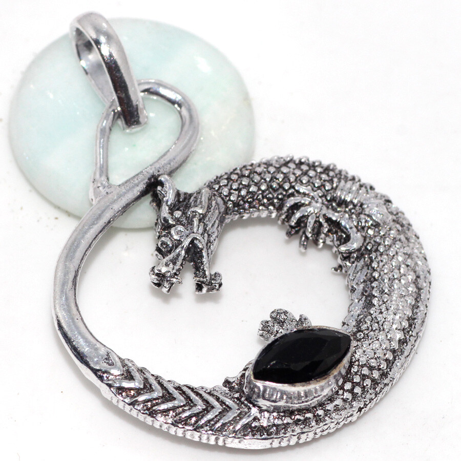 Black Onyx 925 Silver Dragon Gemstone Pendant Valentine Jewelry JW 2 Inches