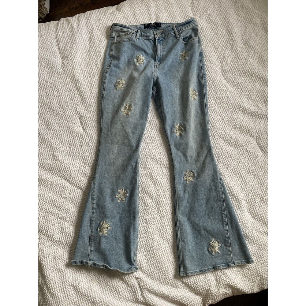 Hollister Size 13R High Rise Vintage Flare Jeans Floral Cute W31 L31 Light Wash