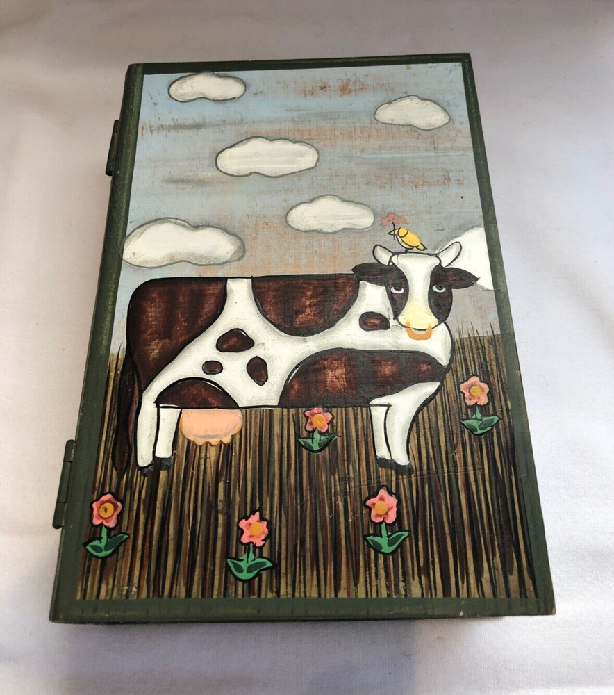 Wooden Box with hinged lid Hand painted Cow - like a Book - 19.8cm x 14cm x 6cm