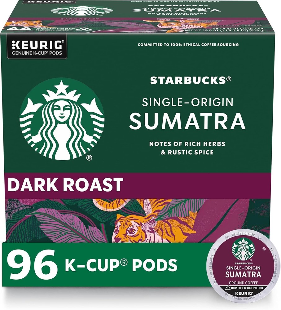 Starbucks K-Cup Coffee Pods, Dark Roast Coffee, Sumatra for Keurig Brewers, 100%