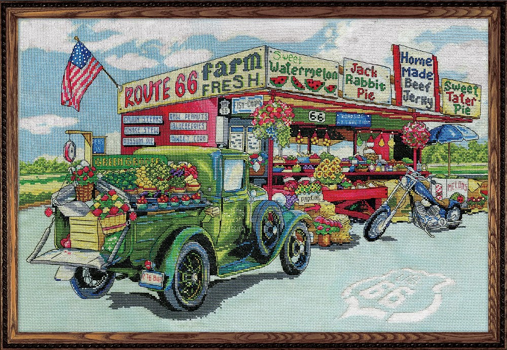 Route 66 Farmstand, 15 x 22 Counted Cross Stitch Kit, White