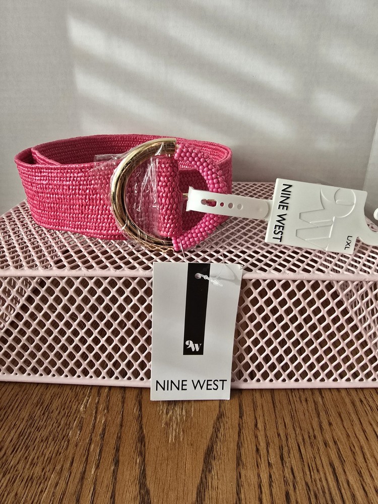Nine West L/XL Hot Pink Stretch Belt NWT Pink Beaded & Gold Buckle