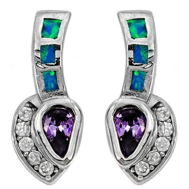 1CT Amethyst & Australian Opal Inlay 925 Sterling Silver Earrings EO4