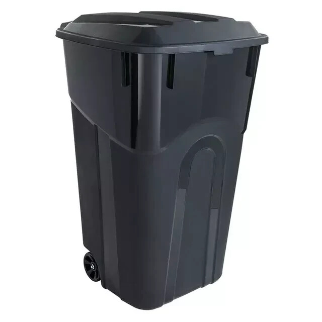32 Gallon Wheeled Heavy Duty Plastic Garbage Can, Attached Lid, Black