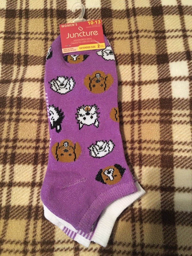 Juncture Women’s Fashion Socks #2 Dogs & Stripes Purple Extended Size 10-13 New!