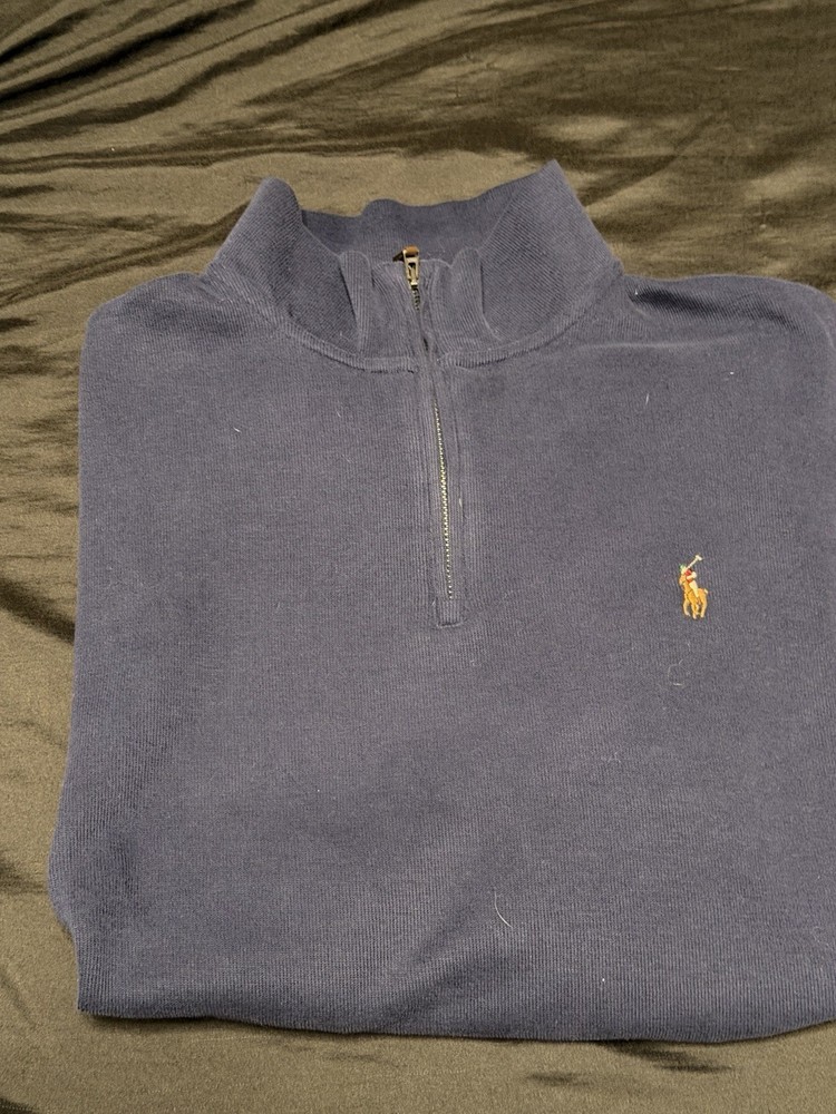 Polo Ralph Lauren Men's Navy Blue Cotton Knit 1/4 Zip Mock Neck Sweater Size L