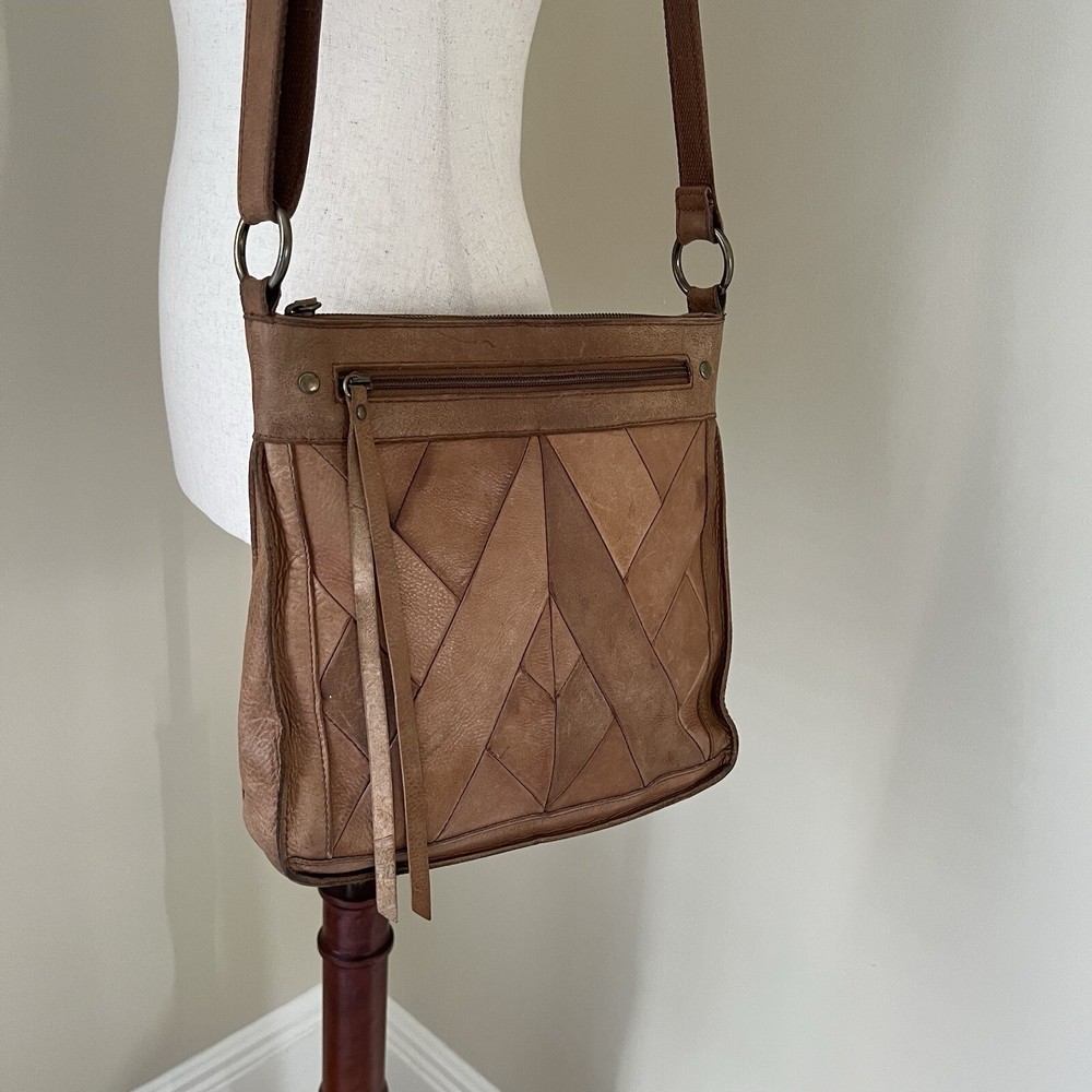 Lucky Brand Rayla Crossbody Bag Brown Leather Patchwork Messenger Boho Hippie