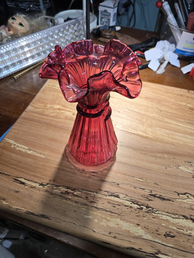 Vintage Fenton Country Cranberry Glass Vase with Floral Design