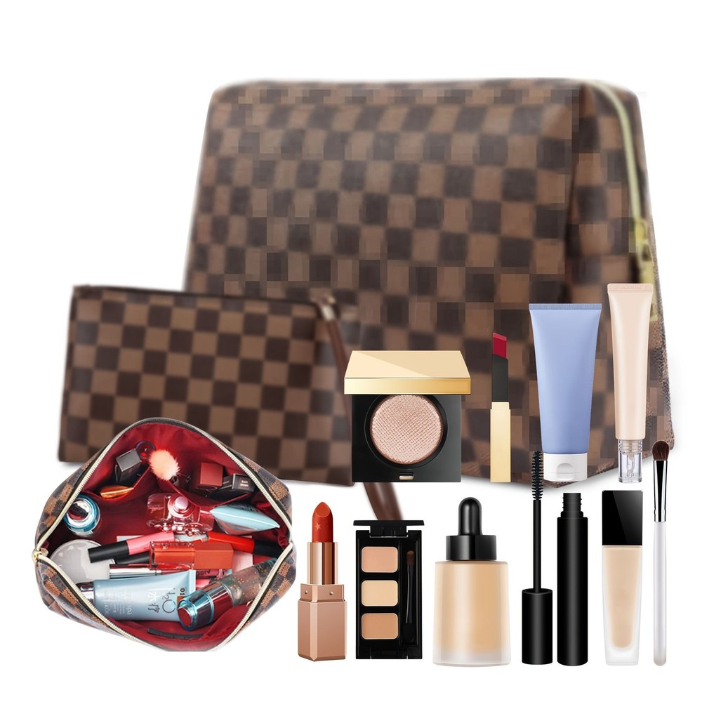 Cosmetic Bag Set 2-Piece Plaid Leather Waterproof Travel Makeup Organizer