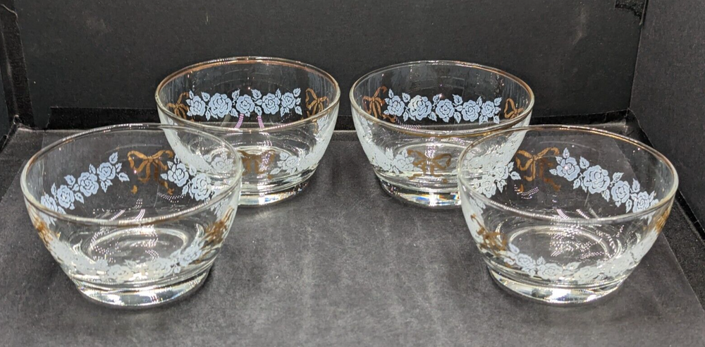 Lot 4 Vintage Libbey Classic Rose Gold Ribbon Rim Berry Dessert Bowls 3.75