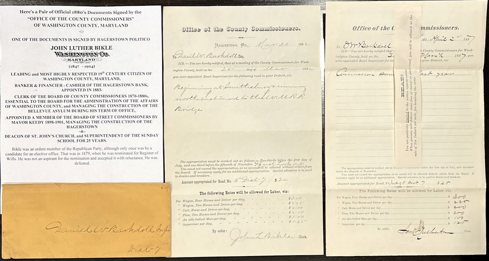 HAGERSTOWN WASHINGTON COMMISSIONERS MD POLITICIAN BANKER BIKLE DOCUMENTS SIGNED